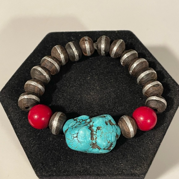 Turquoise, Coral and African Wood Bead Bracelet - Picture 5 of 6